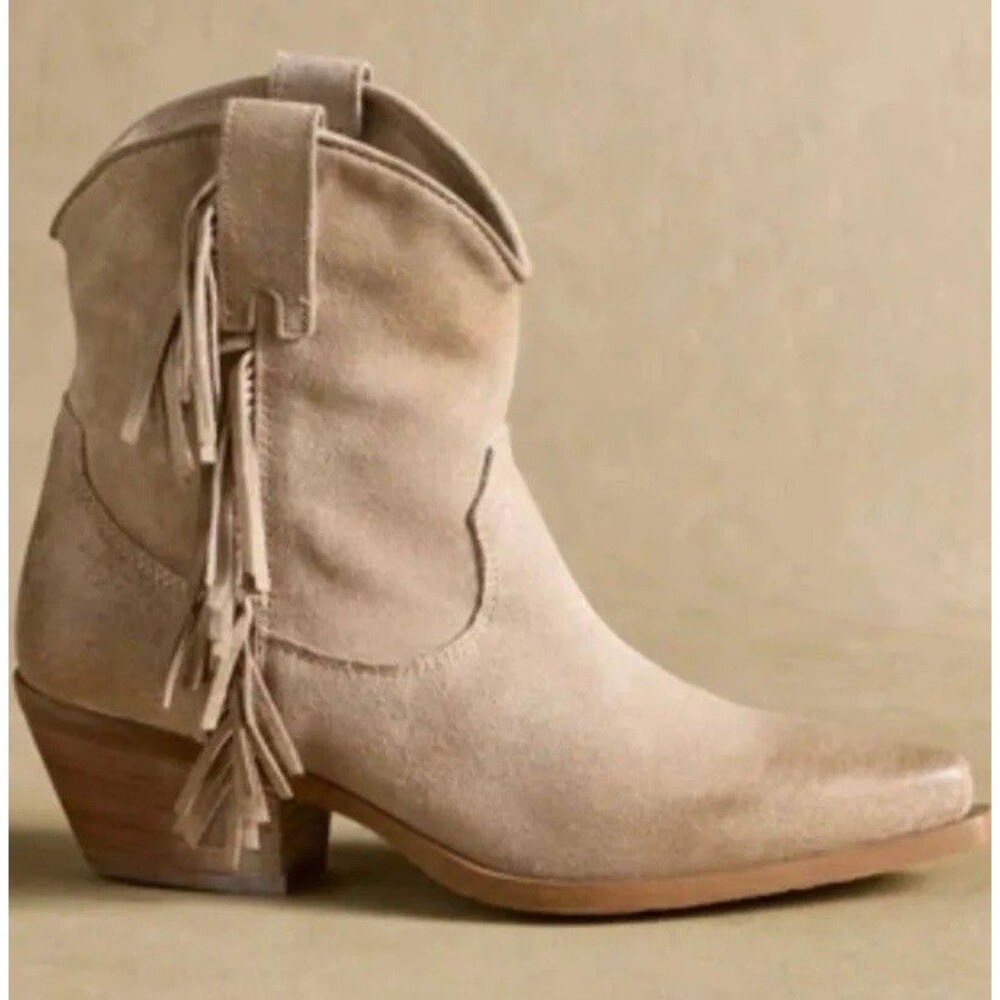 Sundance 37 Boots Dove Canyon Short Fringe Leather Taupe Bootie Womens 6.5-7 NIB